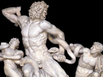 Laocoon, priest of the Trojans, a symbol for one who clearly sees. He knew that the Trojan Horse should not be accepted. He was attacked that evening by Poseidan's serpents as punishment for knowing the truth of things. His two sons are at his side.