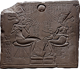 Akhenaten and Nefertiti dandling their infant on their needs. Family images like this are permitted in the revolutionary Amarna style.