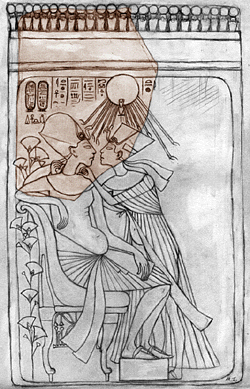Akhenaten and Nefertiti, preparing to enjoy a pharaonic while being gentlyl caressed by the hands at the end of the Aten's rays
