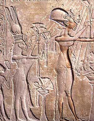 Akhenaten and Nefertiti leading in the celebration of the Aten at Aketaten, Akhenaten's new capital.