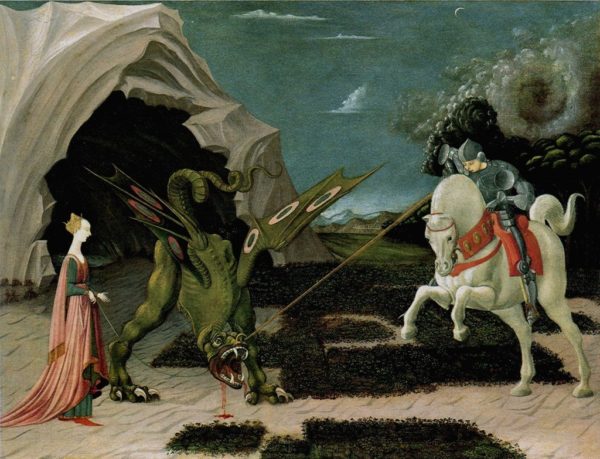 Crusader, enemy of infidels, Cappadocian soldier martyred under Diocletian: St George tames the dragon, a symbol for unbelief, skepticism, liberation of the rational mind. Artistic propaganda par excellence. The princess of a Libyan kingdom is ready to take him home for a pet.